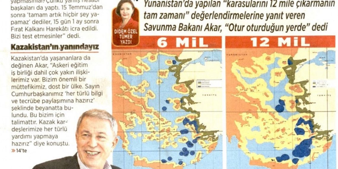 Ξεπερνάει κάθε φαντασία – Τουρκικό πρωτοσέλιδο παρουσιάζει χάρτη της Ελλάδας για το ενδεχόμενο επέκτασης των χωρικών μας υδάτων